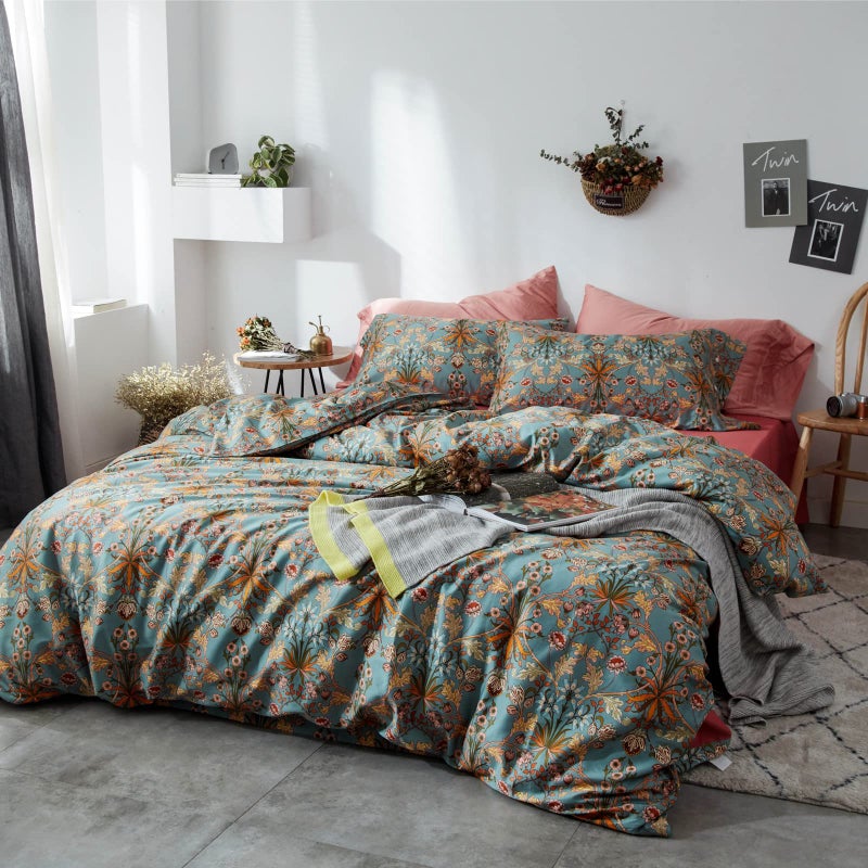 mixinni Vintage Style Garden Flower Duvet Cover Set with Zipper Closure Long Staple Percale Cotton Yellow Vibrant Pattern on Bedding Quilt Cover Set(King, All Season) - Image 2